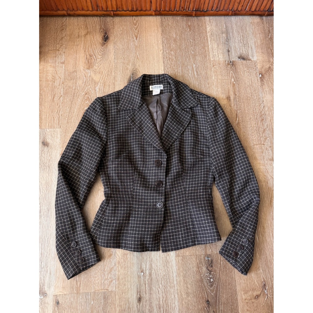 Georgiou Studio Vintage‎ Womens Brown Grid Windowpane Blazer Jacket Size 2